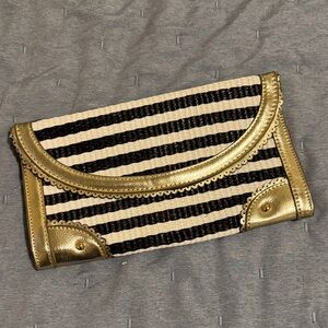 Elegant Black White and Gold Striped Straw Clutch